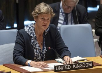 United Kingdom Ambassador to the United Nations Dame Barbara Woodward speaks during a security council meeting at United Nations headquarters, Friday, June 23, 2023. (AP Photo/Yuki Iwamura)
