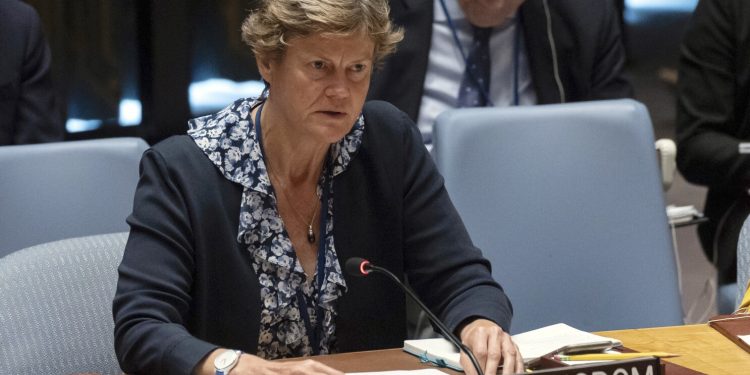 United Kingdom Ambassador to the United Nations Dame Barbara Woodward speaks during a security council meeting at United Nations headquarters, Friday, June 23, 2023. (AP Photo/Yuki Iwamura)