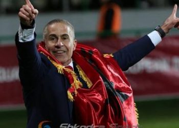 Albania's Brazilian head coach Sylvinho celebrates the qualification after the UEFA Euro 2024 Group E qualifying football match between Moldova and Albania in Chisinau on November 17, 2023. (Photo by Elena COVALENCO / AFP) (Photo by ELENA COVALENCO/AFP via Getty Images)