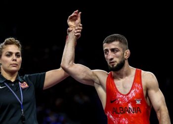 Islam Dudaev of Albania (Red) v Baku Akazawa of Samoa (Blue) during the Olympic Games mens 100m relay final at the Stade de France in Paris, France on the August 10, 2024 ©Barry Aldworth/BackpagePix