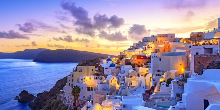 Santorini sunset at dawn village of Oia Greece