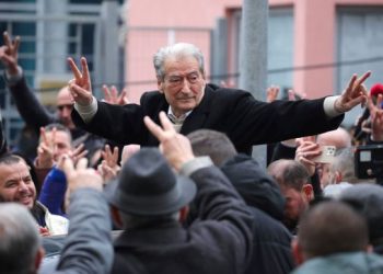 January 23, 2024, Tirana, Tirana, Albania: Sali Berisha, leader of Albanian opposition Democratic Party, flash the V for victory as comes out from the office of Special Prosecutor SPAK were he was questioned by country prosecutors for possible corruption. Tirana Albania - ZUMAb266 20240123_zip_b266_006 Copyright: xArmandoxBabanix