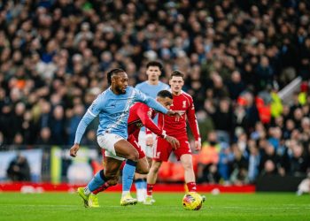 Antoine Semenyo of Manchester City dribbles the ball during the Premier League match between Liverpool and Manchester City at Anfield, Liverpool. England. Sunday 8th February 2026. (Photo by Lexy Ilsley/Manchester City FC)