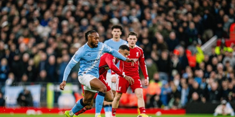 Antoine Semenyo of Manchester City dribbles the ball during the Premier League match between Liverpool and Manchester City at Anfield, Liverpool. England. Sunday 8th February 2026. (Photo by Lexy Ilsley/Manchester City FC)
